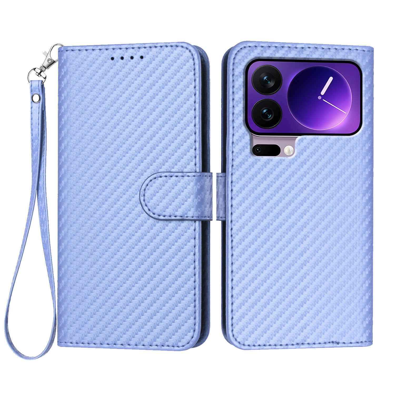 For Xiaomi 17 Pro Wallet Case with Strap Carbon Fiber Texture Leather Mobile Cover - Purple