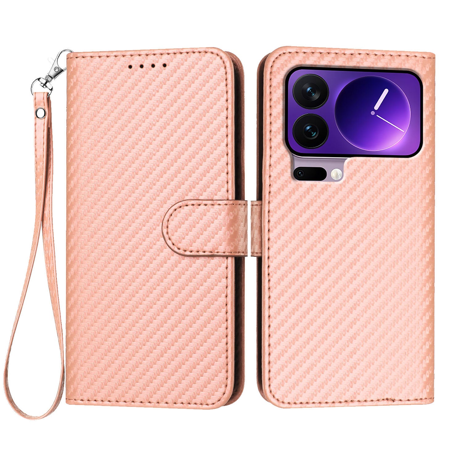 For Xiaomi 17 Pro Wallet Case with Strap Carbon Fiber Texture Leather Mobile Cover - Pink