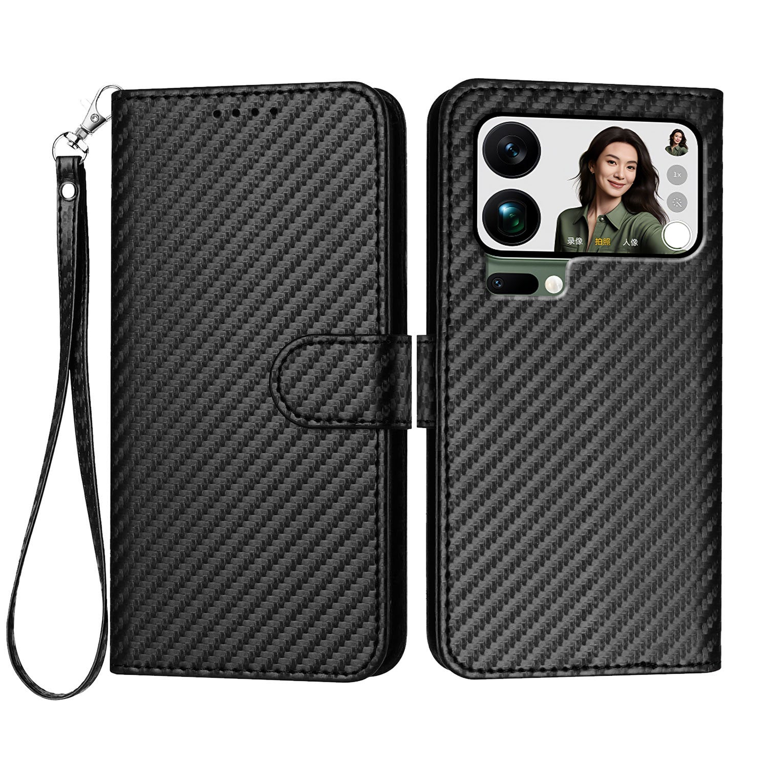 For Xiaomi 17 Pro Max Wallet Case with Strap Carbon Fiber Texture Leather Mobile Cover - Black