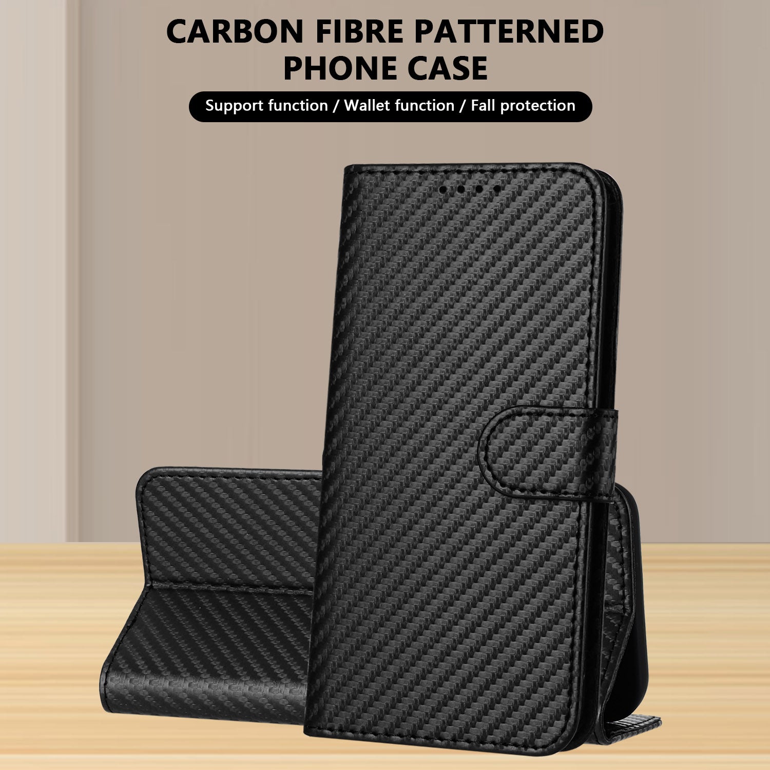 For Xiaomi 17 Pro Max Wallet Case with Strap Carbon Fiber Texture Leather Mobile Cover - Black