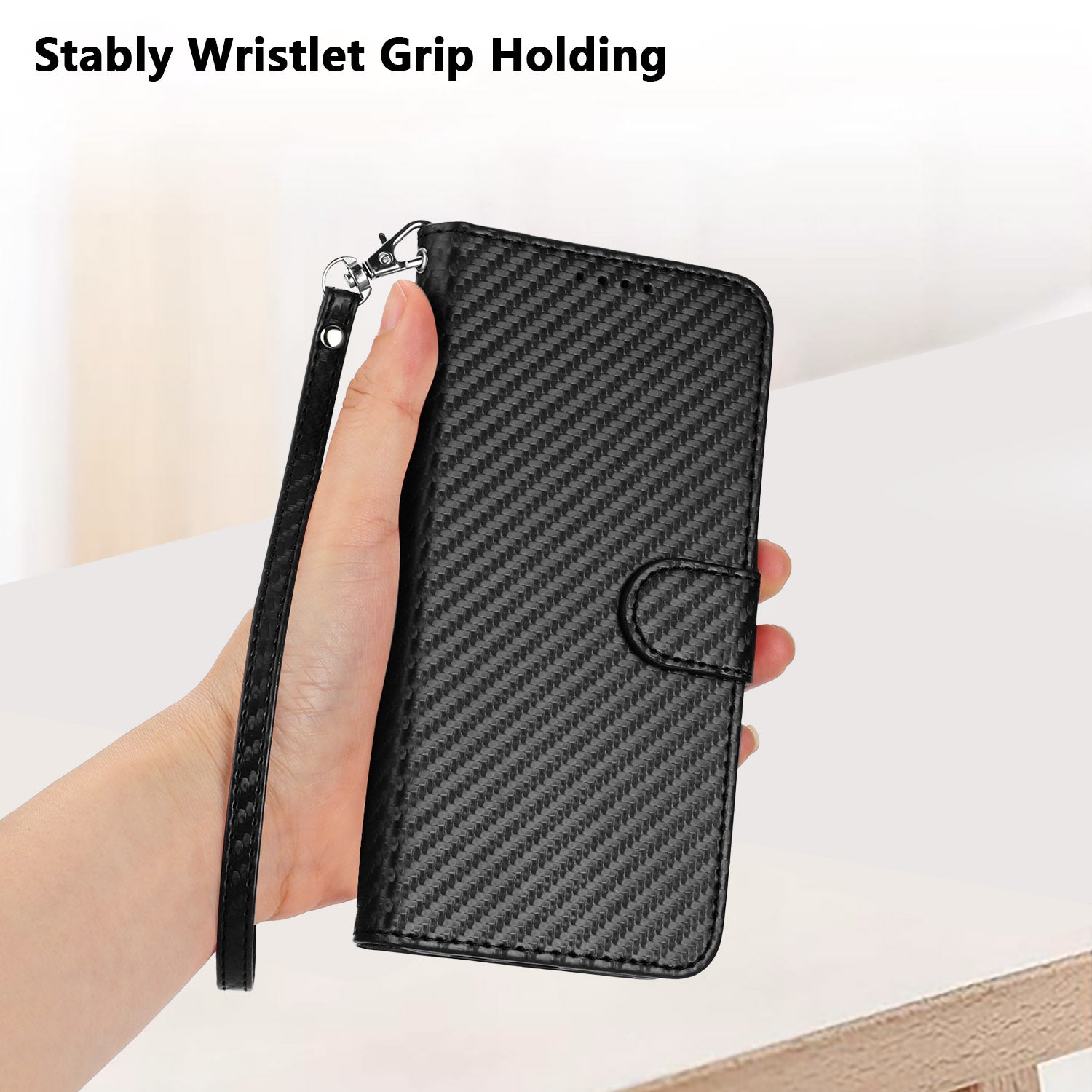 For Xiaomi 17 Pro Max Wallet Case with Strap Carbon Fiber Texture Leather Mobile Cover - Black