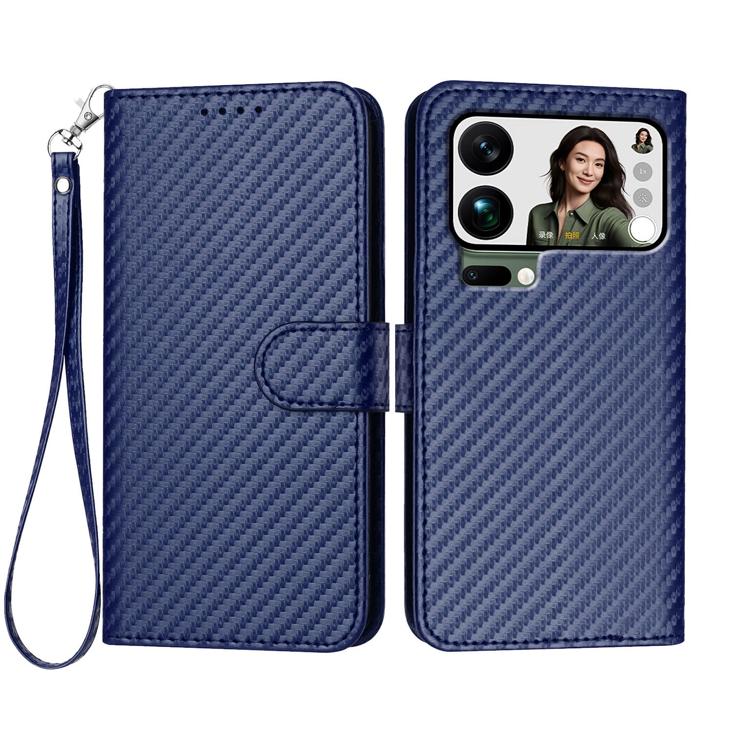 For Xiaomi 17 Pro Max Wallet Case with Strap Carbon Fiber Texture Leather Mobile Cover - Royal Blue