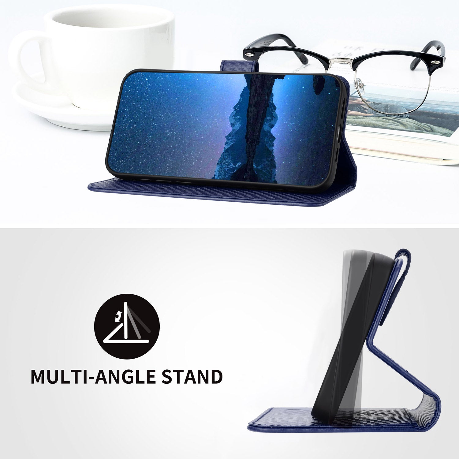For Xiaomi 17 Pro Max Wallet Case with Strap Carbon Fiber Texture Leather Mobile Cover - Royal Blue