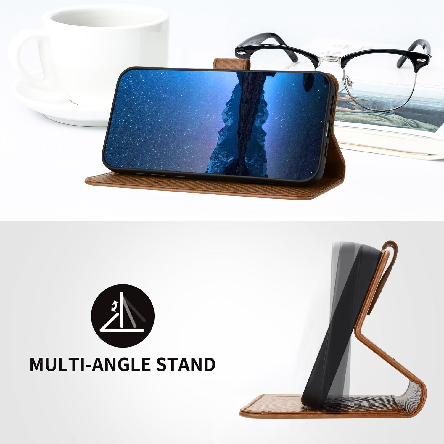 For Xiaomi 17 Pro Max Wallet Case with Strap Carbon Fiber Texture Leather Mobile Cover - Coffee