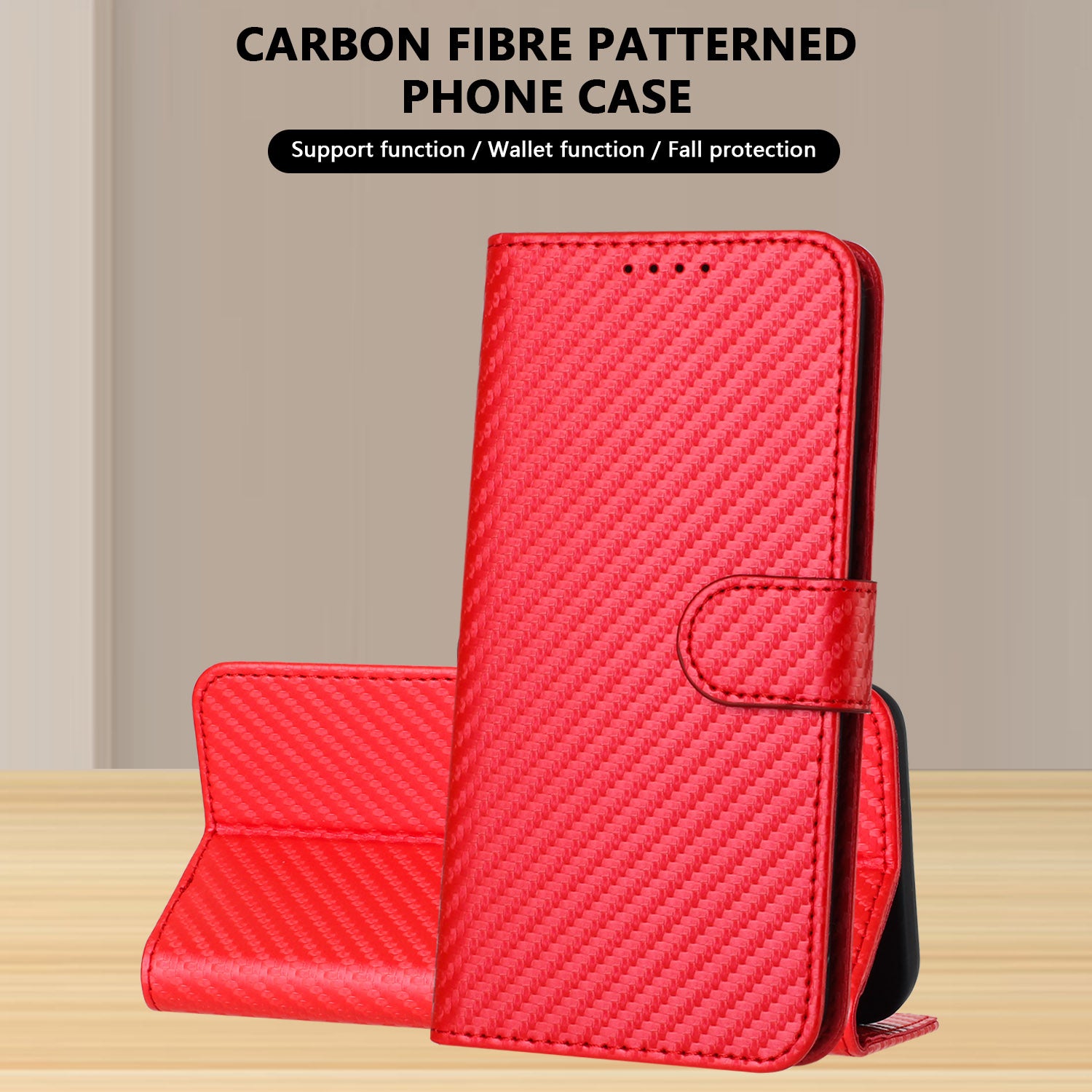 For Xiaomi 17 Pro Max Wallet Case with Strap Carbon Fiber Texture Leather Mobile Cover - Red