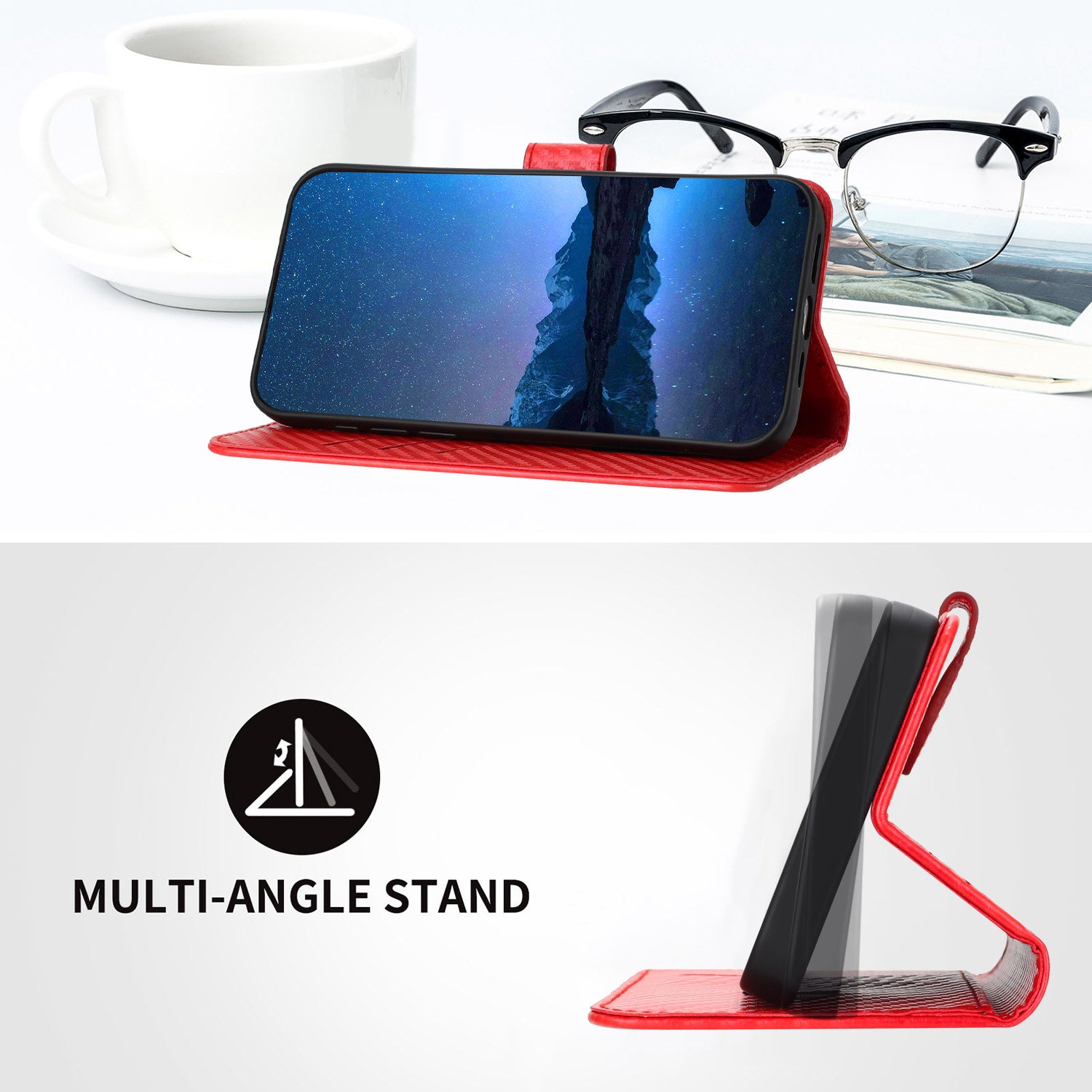 For Xiaomi 17 Pro Max Wallet Case with Strap Carbon Fiber Texture Leather Mobile Cover - Red