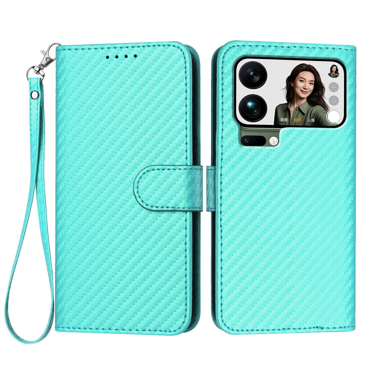 For Xiaomi 17 Pro Max Wallet Case with Strap Carbon Fiber Texture Leather Mobile Cover - Light Blue
