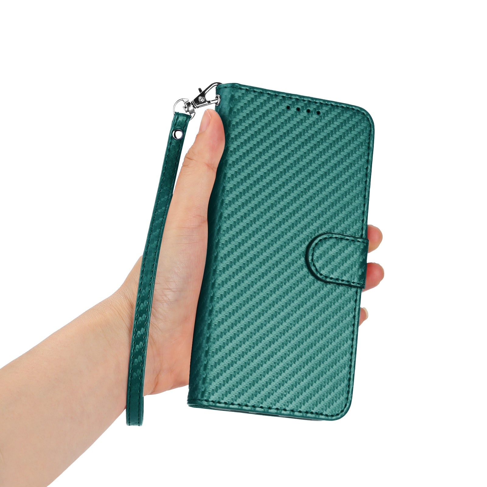 For Xiaomi 17 Pro Max Wallet Case with Strap Carbon Fiber Texture Leather Mobile Cover - Blackish Green