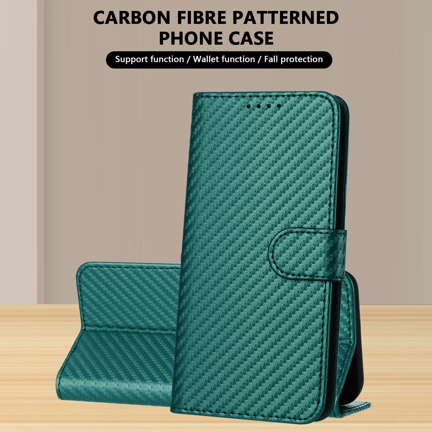 For Xiaomi 17 Pro Max Wallet Case with Strap Carbon Fiber Texture Leather Mobile Cover - Blackish Green
