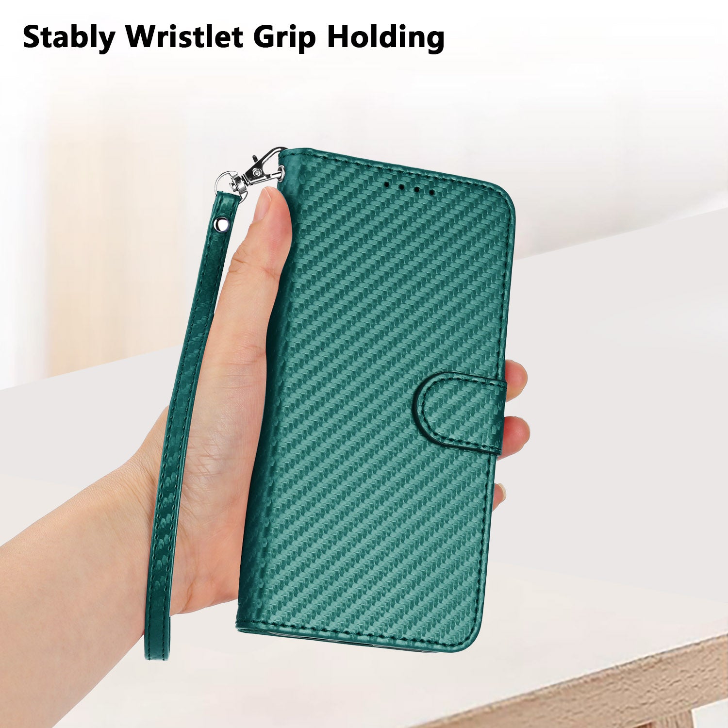 For Xiaomi 17 Pro Max Wallet Case with Strap Carbon Fiber Texture Leather Mobile Cover - Blackish Green