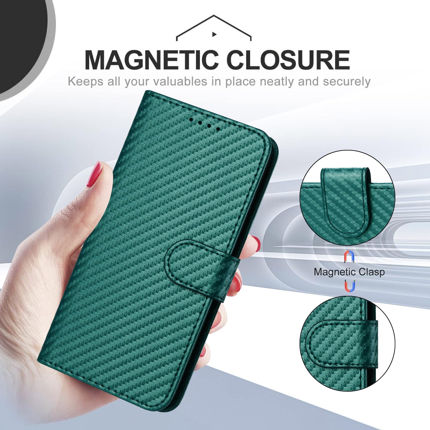 For Xiaomi 17 Pro Max Wallet Case with Strap Carbon Fiber Texture Leather Mobile Cover - Blackish Green