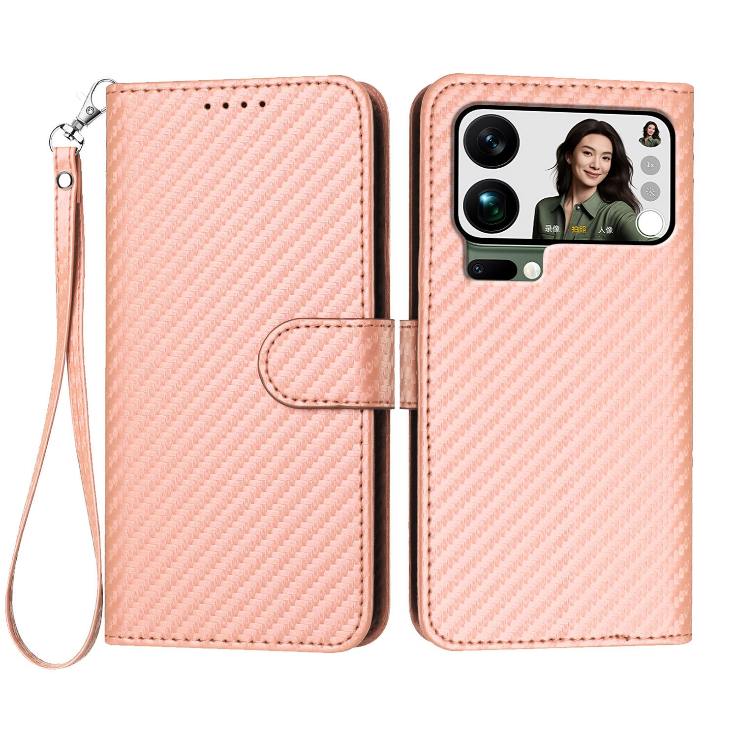 For Xiaomi 17 Pro Max Wallet Case with Strap Carbon Fiber Texture Leather Mobile Cover - Pink