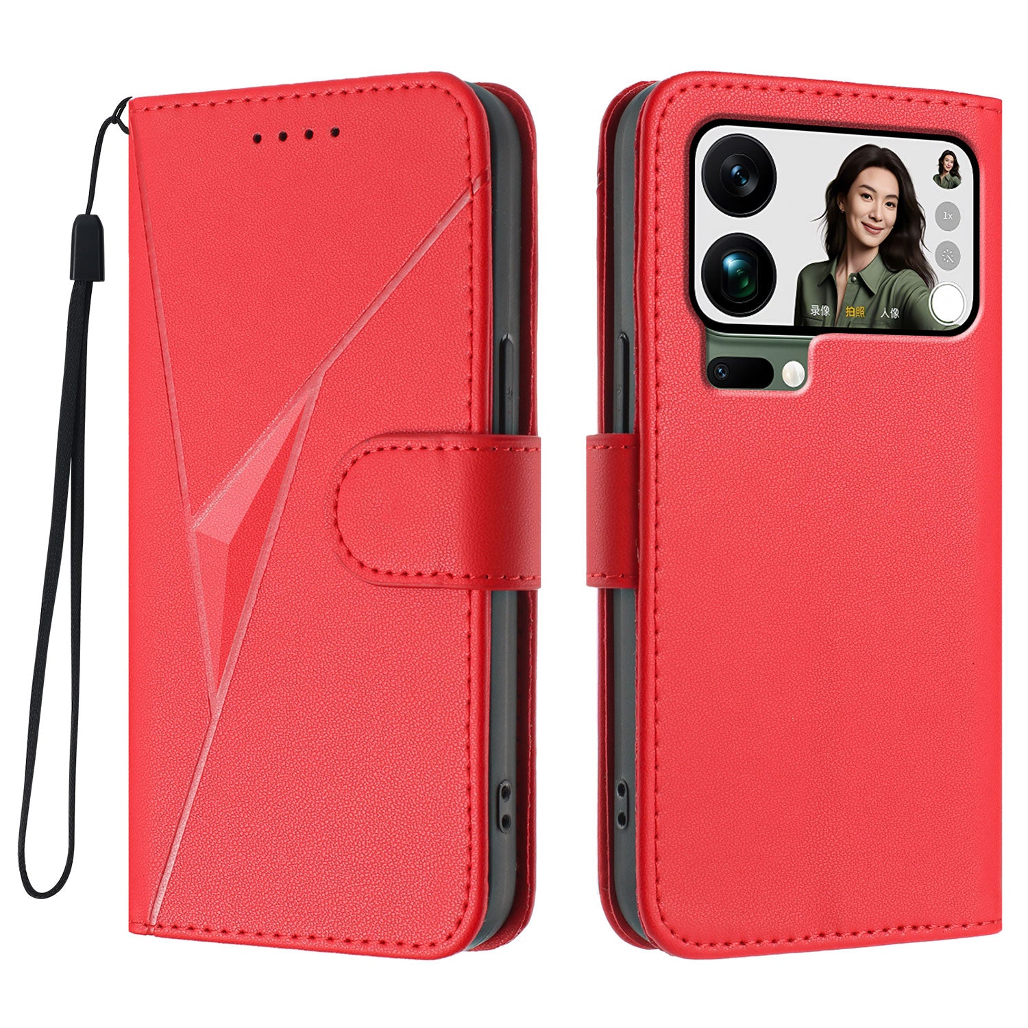 For Xiaomi 17 Pro Max Case Triangle Imprint Leather Phone Cover with Lanyard - Red