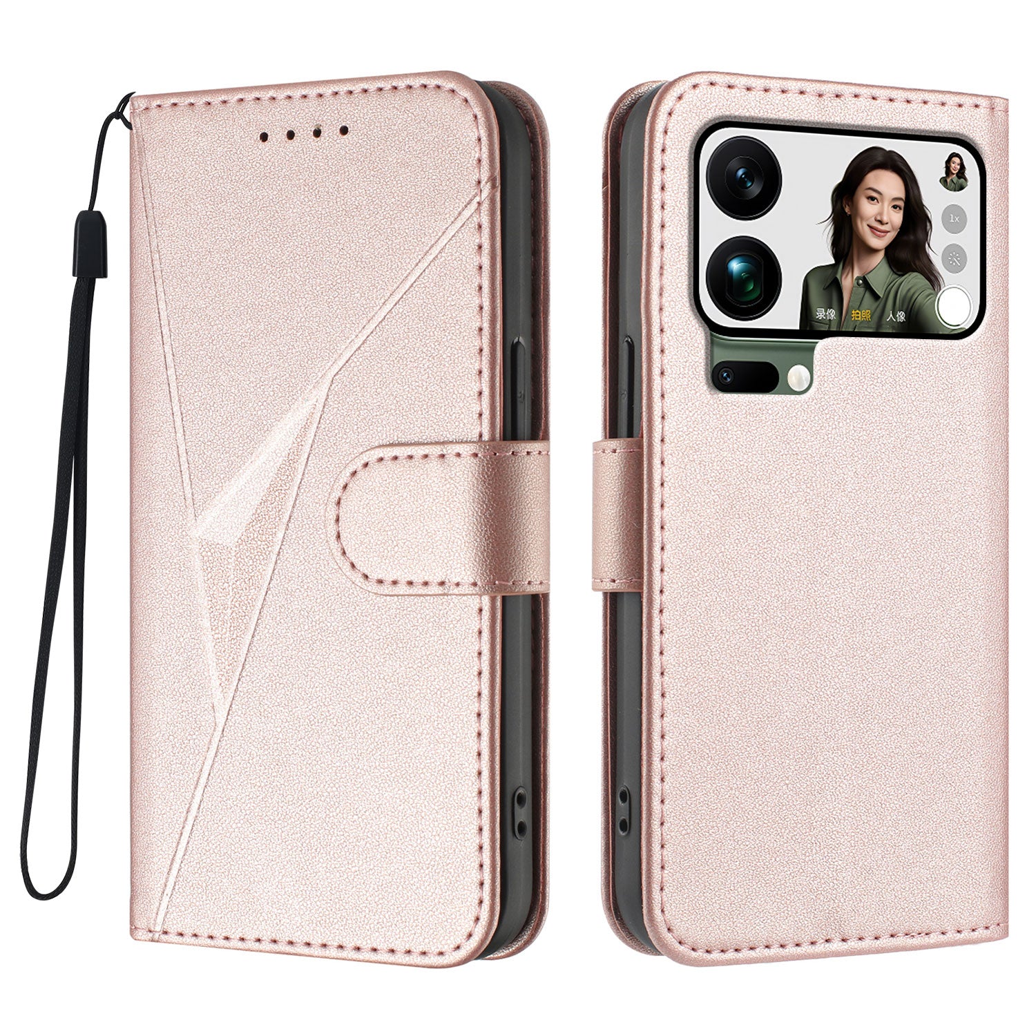 For Xiaomi 17 Pro Max Case Triangle Imprint Leather Phone Cover with Lanyard - Rose Gold