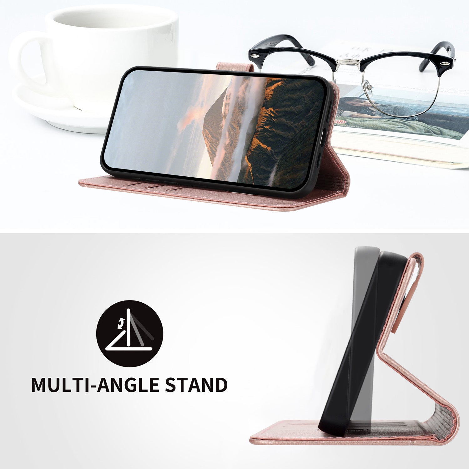 For Xiaomi 17 Pro Max Case Triangle Imprint Leather Phone Cover with Lanyard - Rose Gold