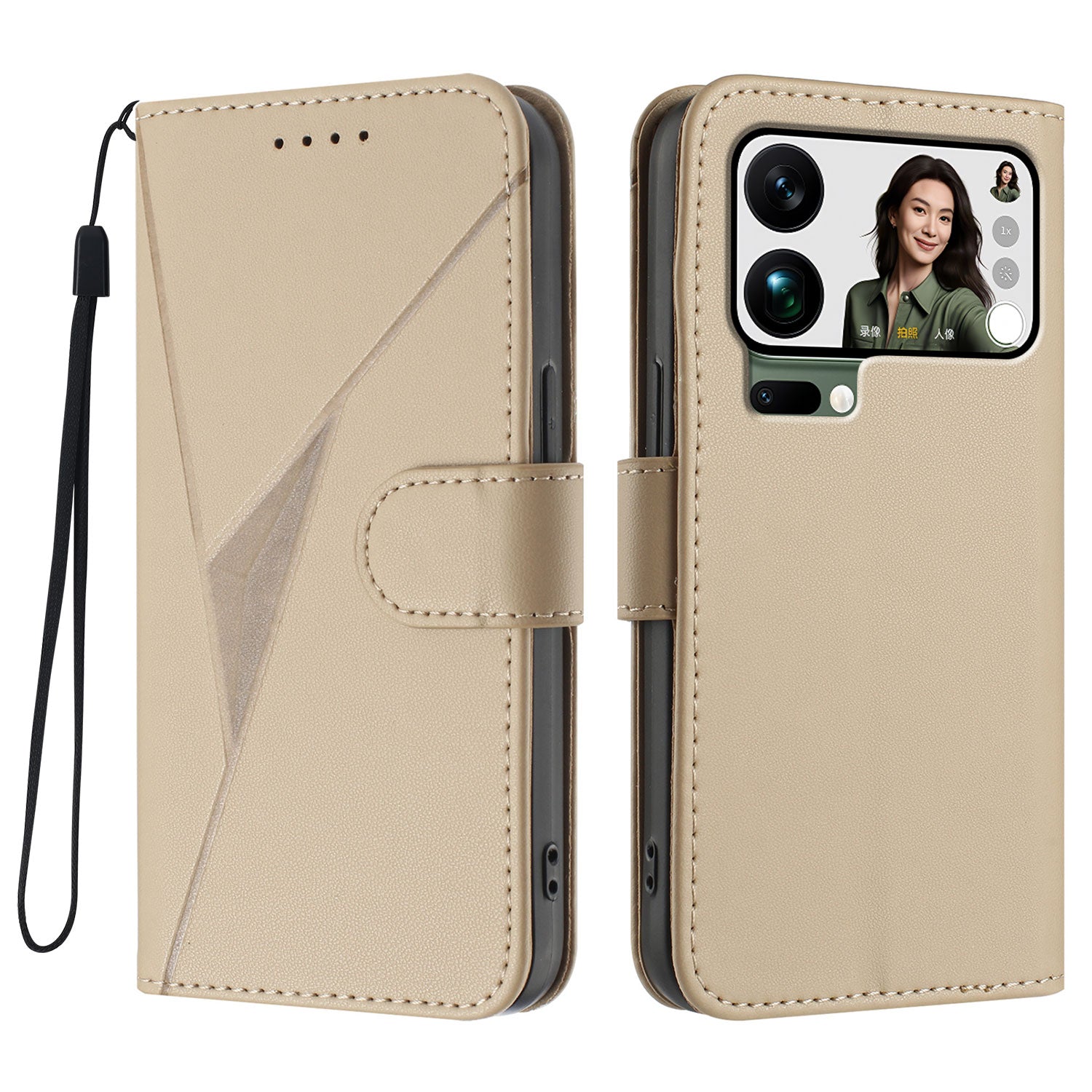 For Xiaomi 17 Pro Max Case Triangle Imprint Leather Phone Cover with Lanyard - Golden