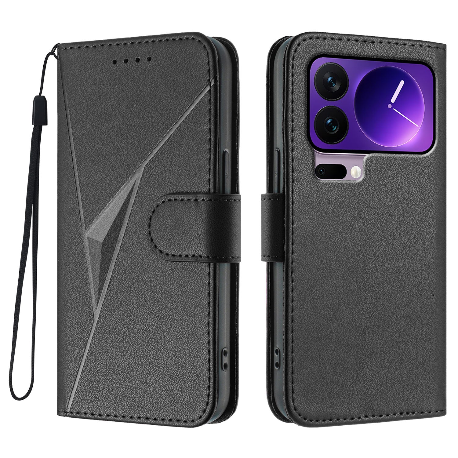 For Xiaomi 17 Pro Case Triangle Imprint Leather Phone Cover with Lanyard - Black