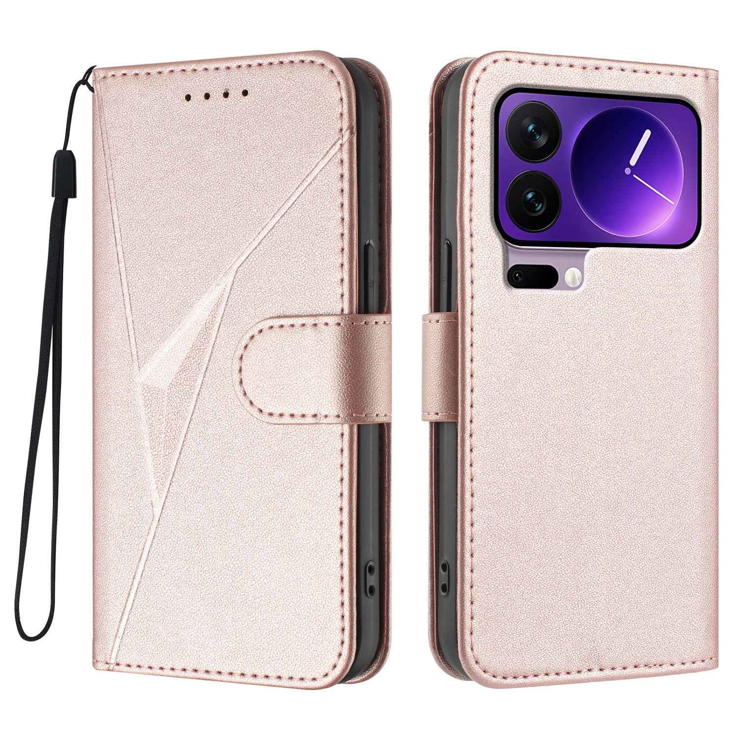 For Xiaomi 17 Pro Case Triangle Imprint Leather Phone Cover with Lanyard - Rose Gold