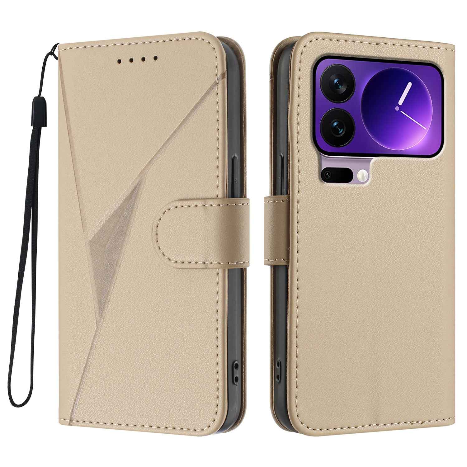 For Xiaomi 17 Pro Case Triangle Imprint Leather Phone Cover with Lanyard - Golden