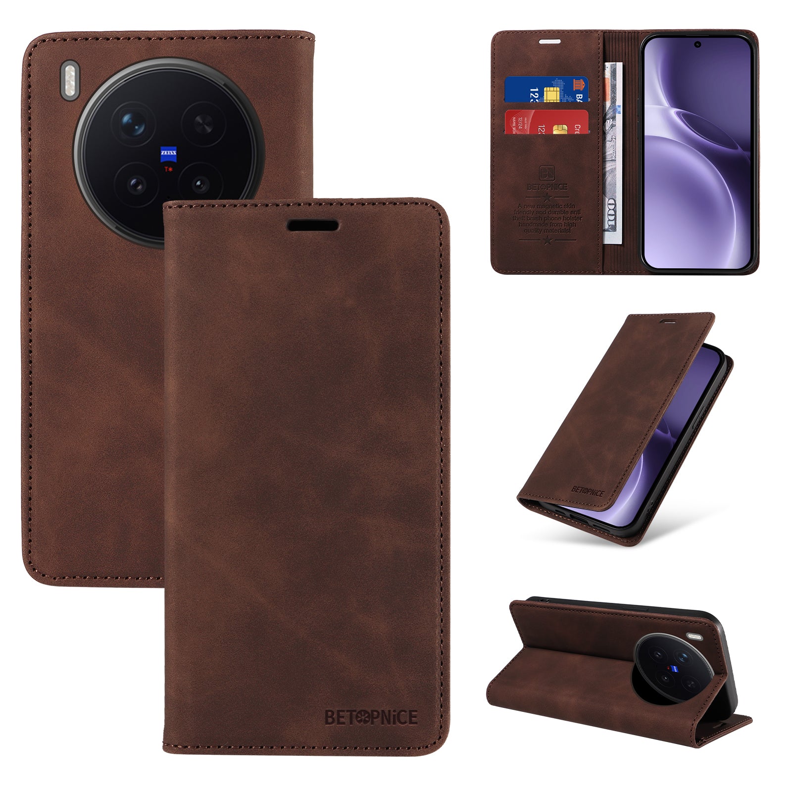 BETOPNICE For vivo X300 Pro 5G Case  Magnetic Closure RFID Blocking Wallet Stand Leather Phone Cover - Brown