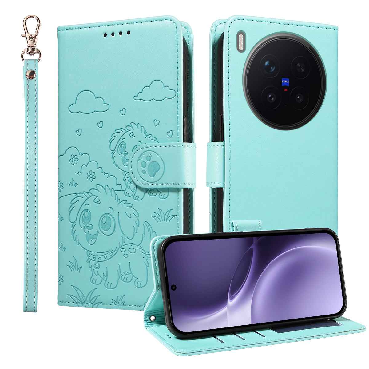 For vivo X300 Pro 5G Case RFID Blocking Imprinted Dog Pattern PU Leather Phone Cover with Wrist Strap - Green