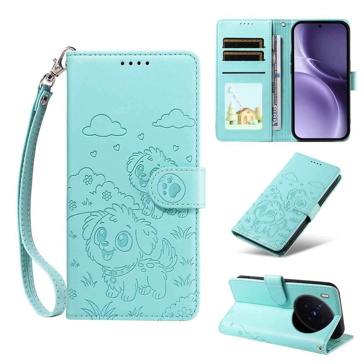 For vivo X300 Pro 5G Case RFID Blocking Imprinted Dog Pattern PU Leather Phone Cover with Wrist Strap - Green
