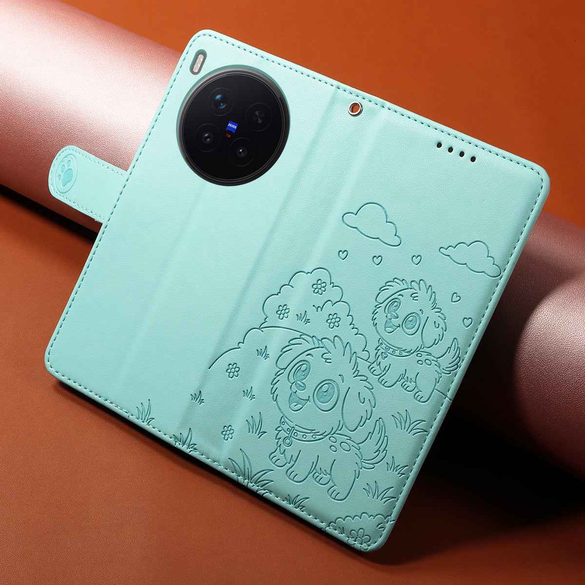 For vivo X300 Pro 5G Case RFID Blocking Imprinted Dog Pattern PU Leather Phone Cover with Wrist Strap - Green