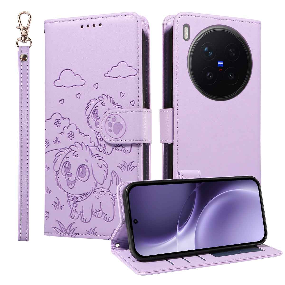 For vivo X300 Pro 5G Case RFID Blocking Imprinted Dog Pattern PU Leather Phone Cover with Wrist Strap - Purple