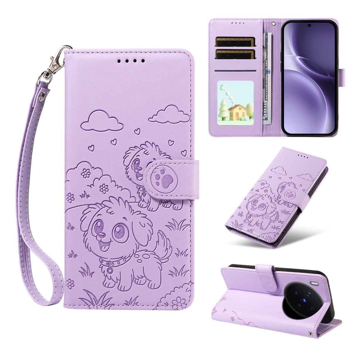 For vivo X300 Pro 5G Case RFID Blocking Imprinted Dog Pattern PU Leather Phone Cover with Wrist Strap - Purple