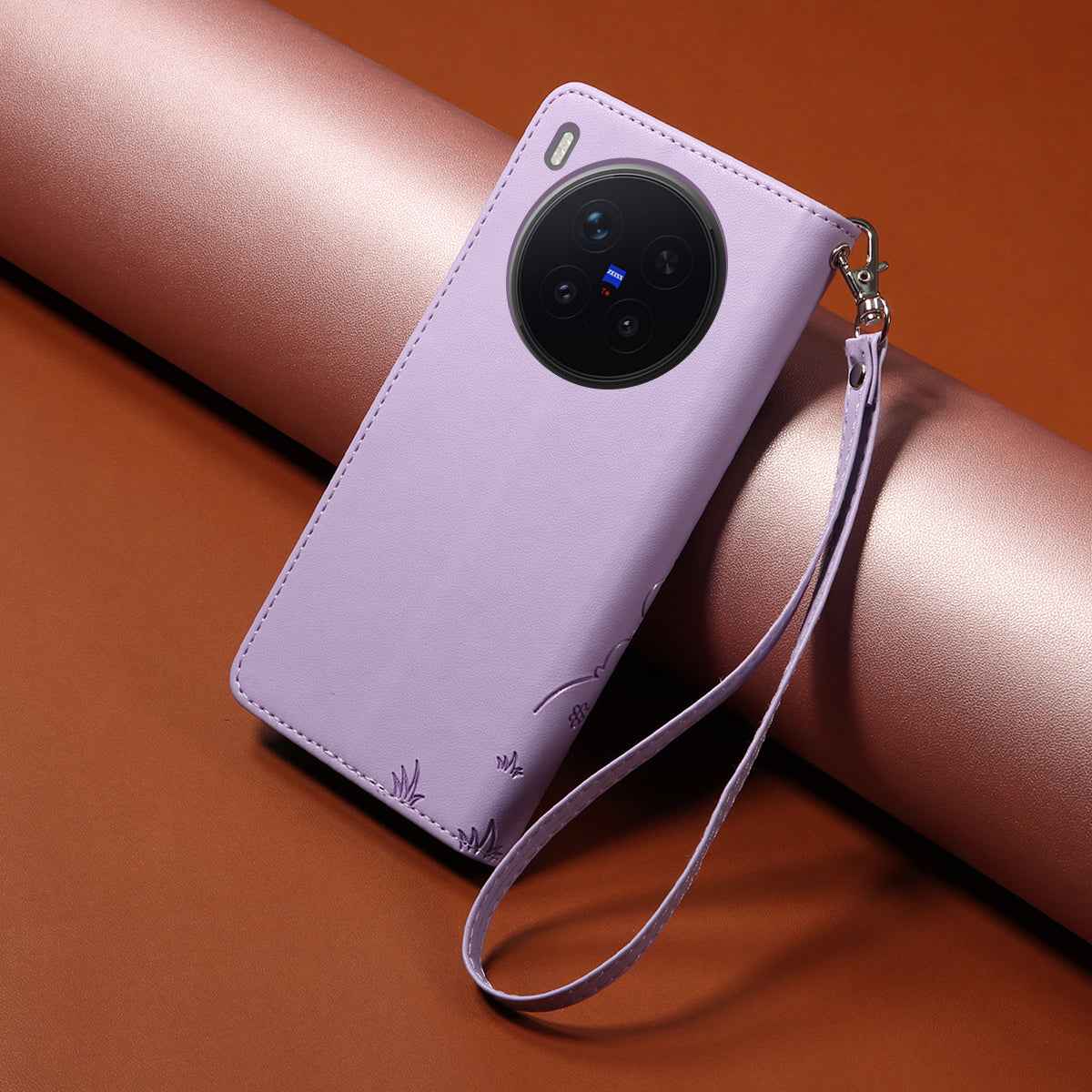 For vivo X300 Pro 5G Case RFID Blocking Imprinted Dog Pattern PU Leather Phone Cover with Wrist Strap - Purple