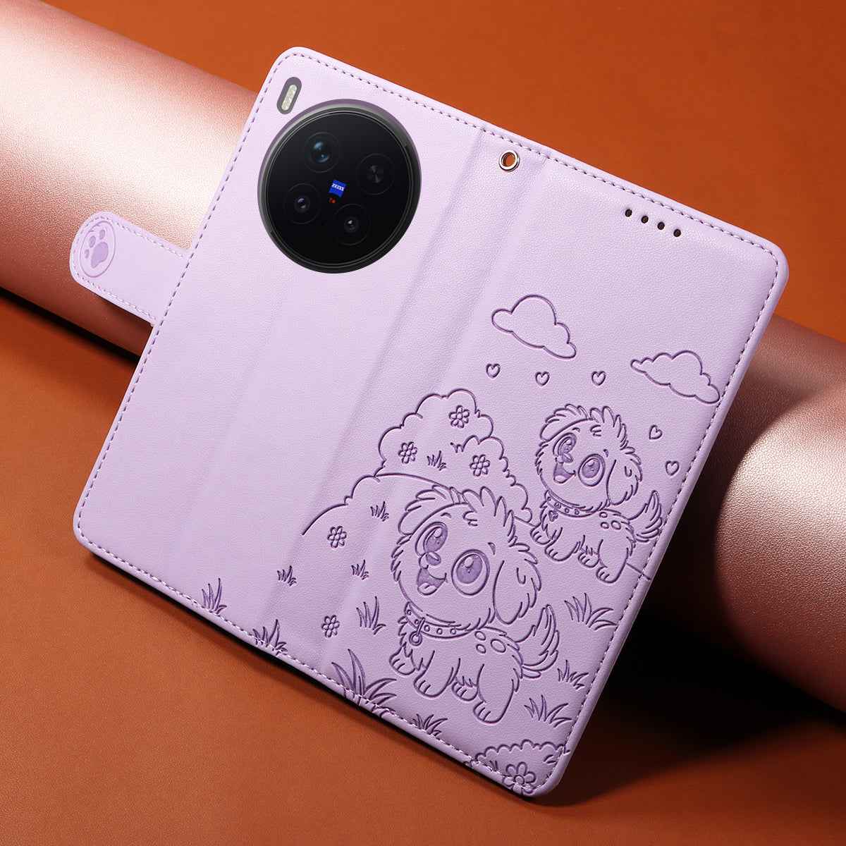 For vivo X300 Pro 5G Case RFID Blocking Imprinted Dog Pattern PU Leather Phone Cover with Wrist Strap - Purple
