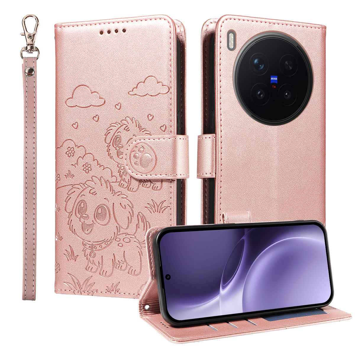 For vivo X300 Pro 5G Case RFID Blocking Imprinted Dog Pattern PU Leather Phone Cover with Wrist Strap - Pink