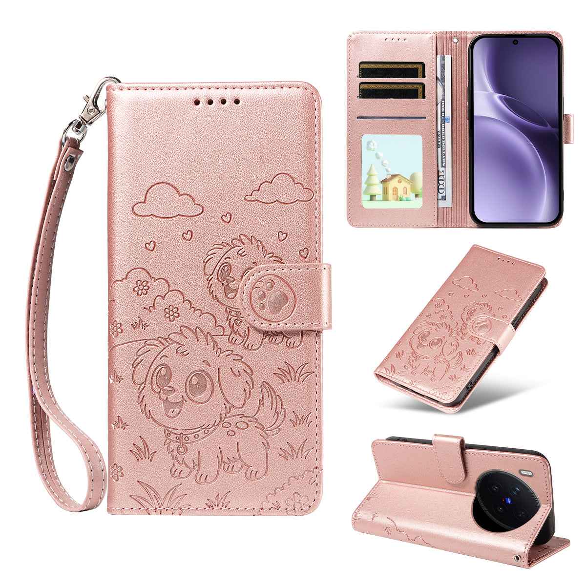 For vivo X300 Pro 5G Case RFID Blocking Imprinted Dog Pattern PU Leather Phone Cover with Wrist Strap - Pink