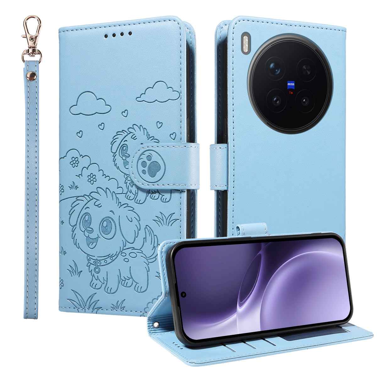 For vivo X300 Pro 5G Case RFID Blocking Imprinted Dog Pattern PU Leather Phone Cover with Wrist Strap - Blue