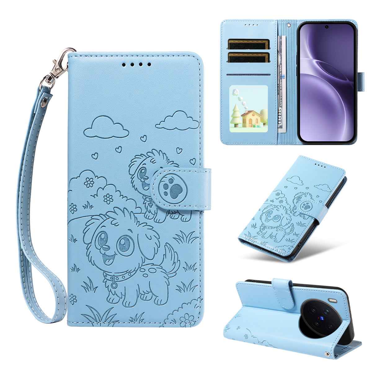For vivo X300 Pro 5G Case RFID Blocking Imprinted Dog Pattern PU Leather Phone Cover with Wrist Strap - Blue