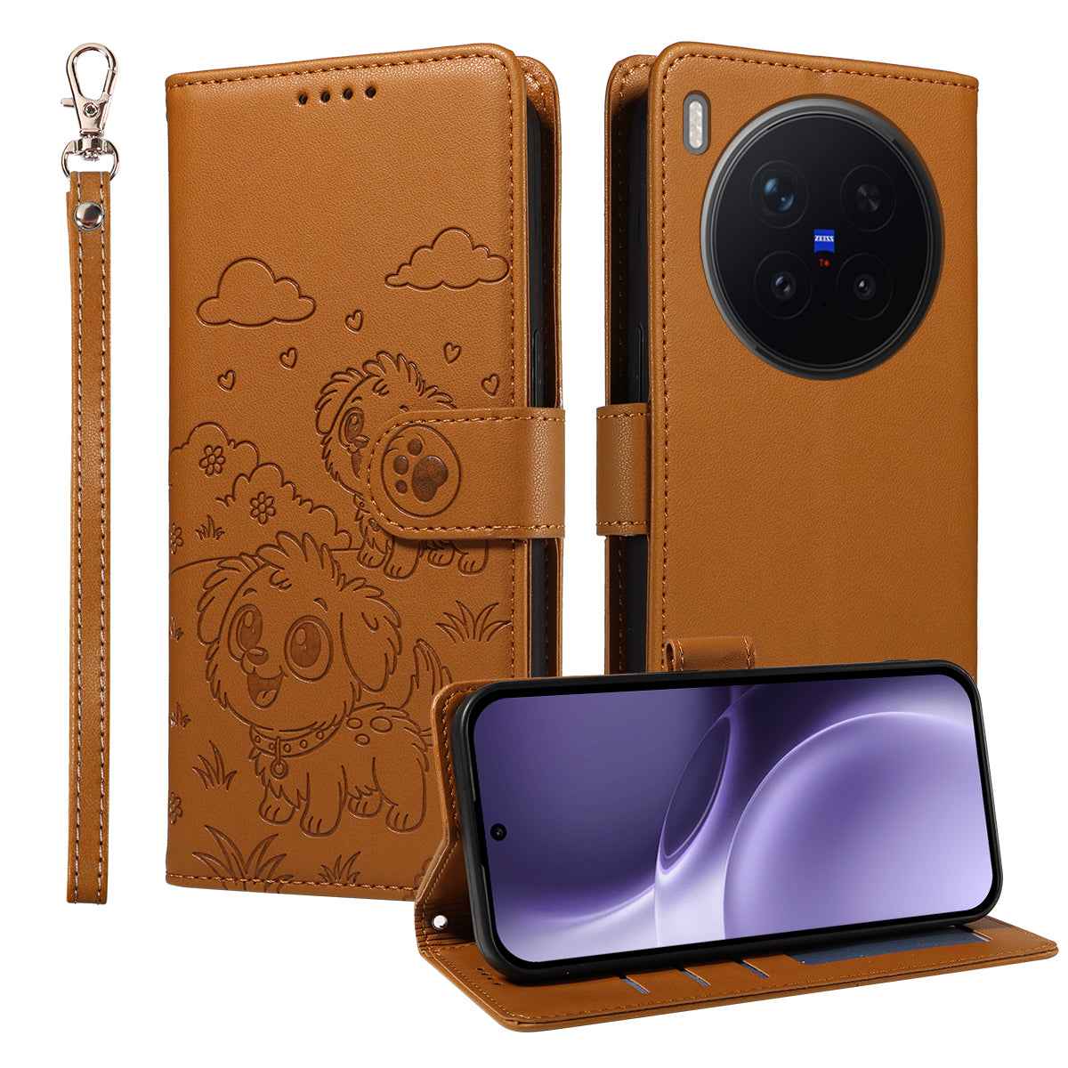 For vivo X300 Pro 5G Case RFID Blocking Imprinted Dog Pattern PU Leather Phone Cover with Wrist Strap - Brown