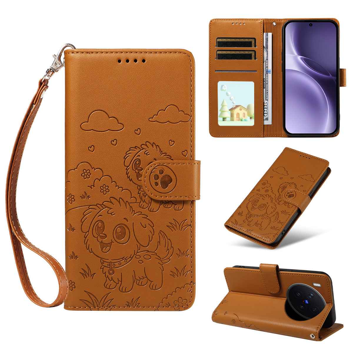 For vivo X300 Pro 5G Case RFID Blocking Imprinted Dog Pattern PU Leather Phone Cover with Wrist Strap - Brown