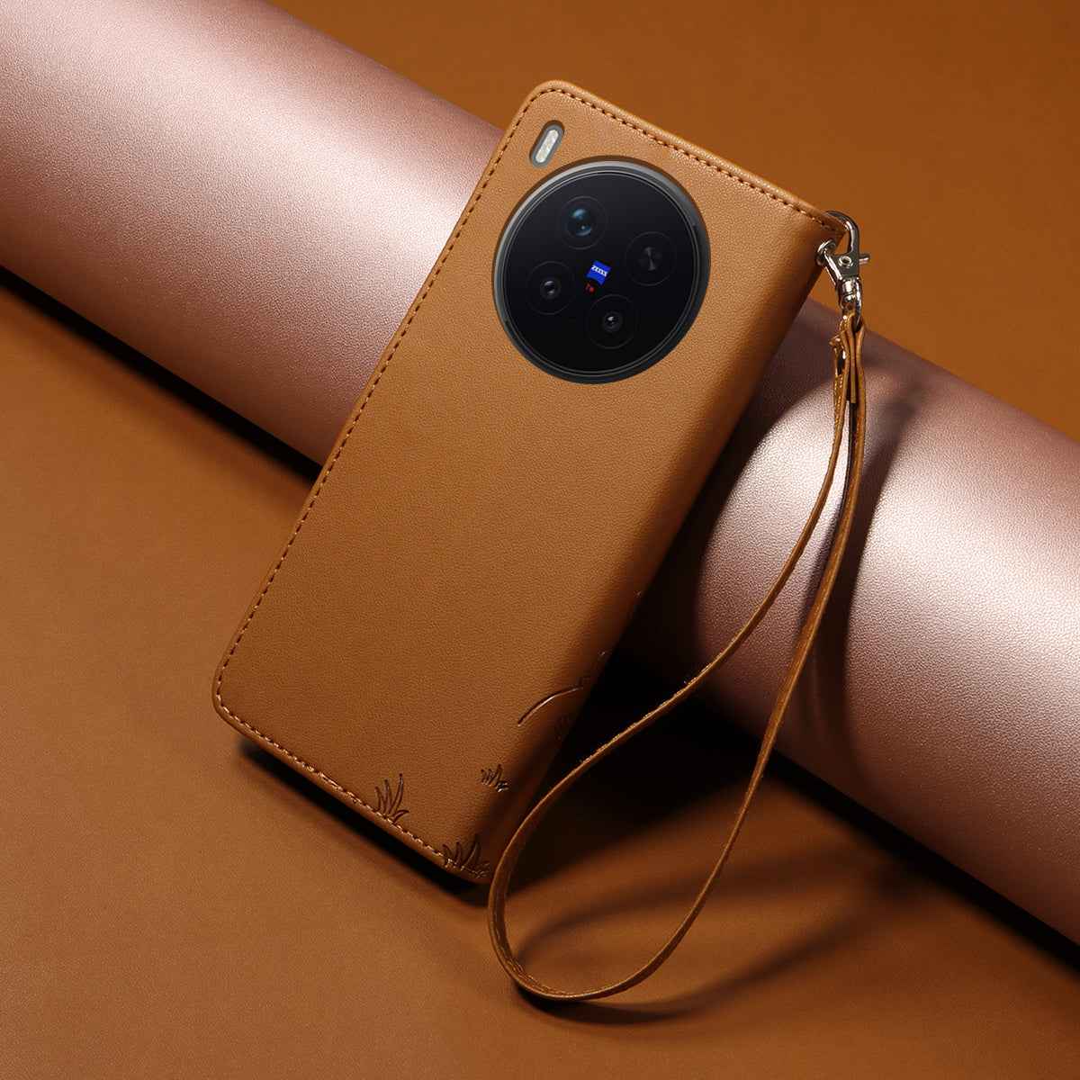 For vivo X300 Pro 5G Case RFID Blocking Imprinted Dog Pattern PU Leather Phone Cover with Wrist Strap - Brown