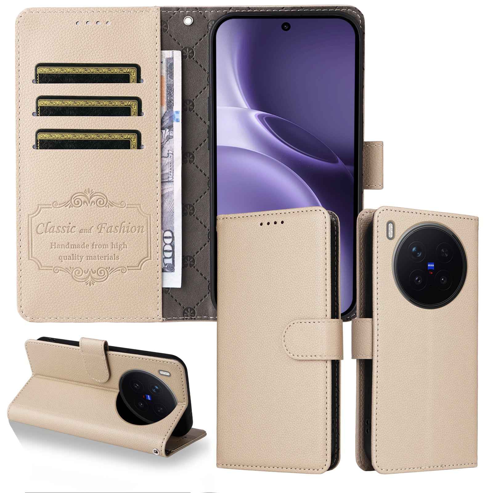For vivo X300 Pro 5G Case RFID Blocking 3 Card Slots PU Leather Phone Cover with Wrist Strap - Creamy White