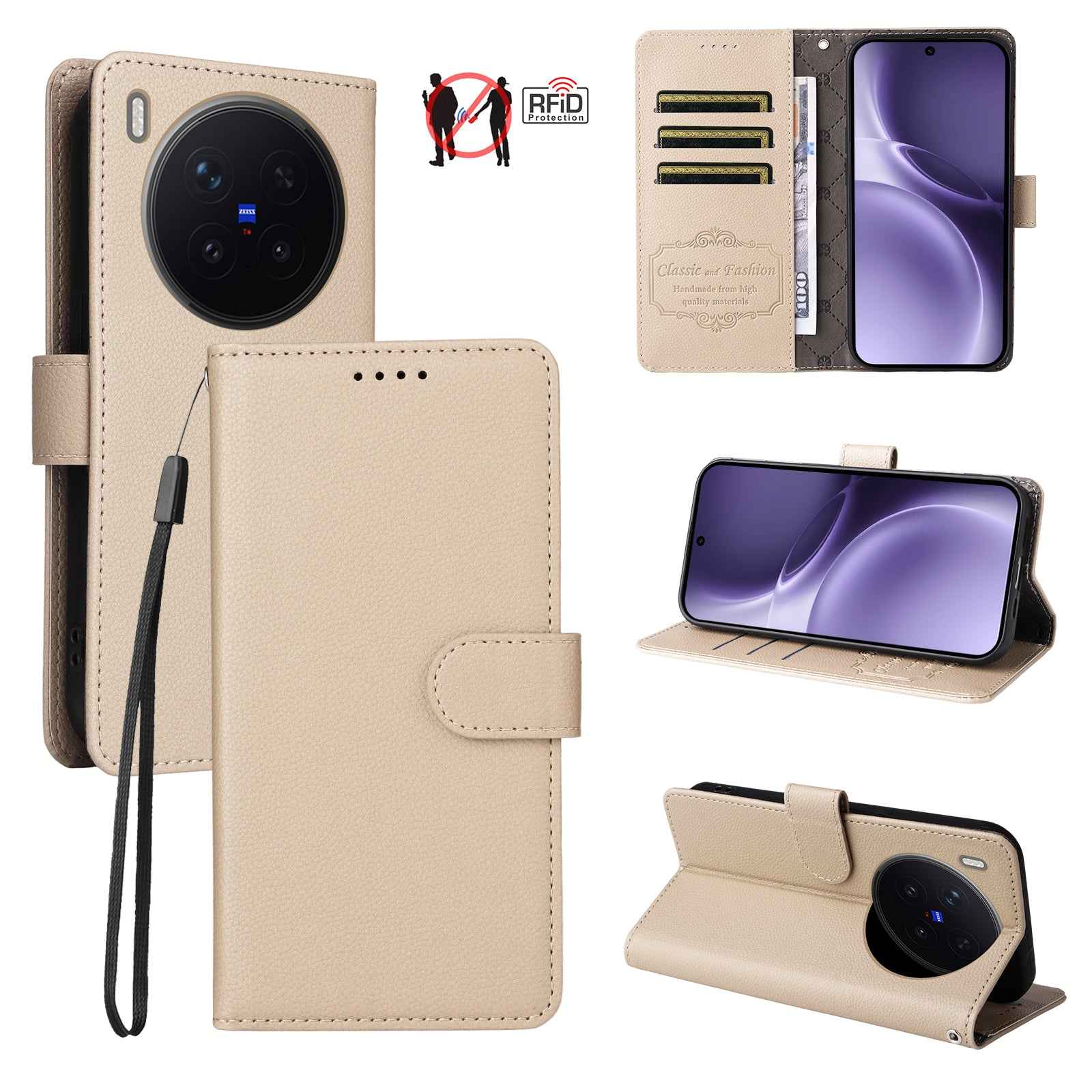 For vivo X300 Pro 5G Case RFID Blocking 3 Card Slots PU Leather Phone Cover with Wrist Strap - Creamy White