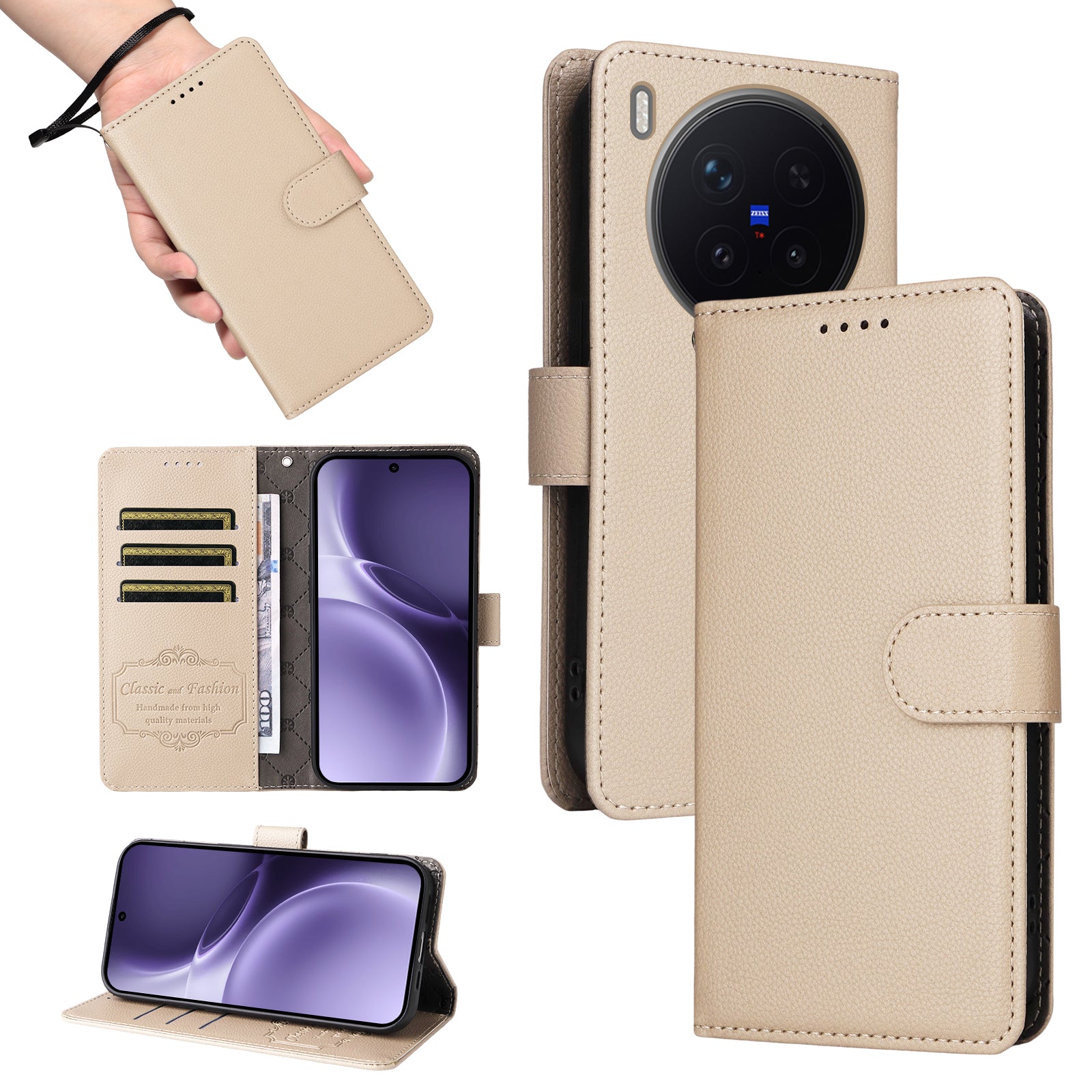 For vivo X300 Pro 5G Case RFID Blocking 3 Card Slots PU Leather Phone Cover with Wrist Strap - Creamy White
