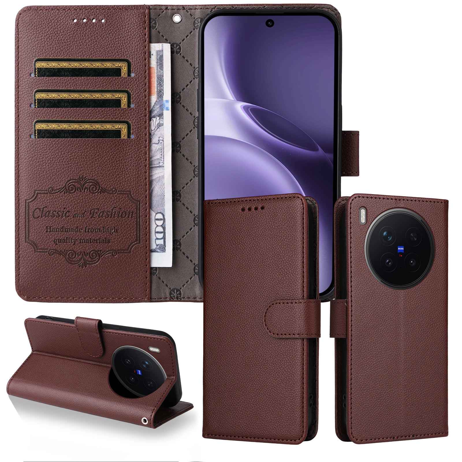 For vivo X300 Pro 5G Case RFID Blocking 3 Card Slots PU Leather Phone Cover with Wrist Strap - Brown