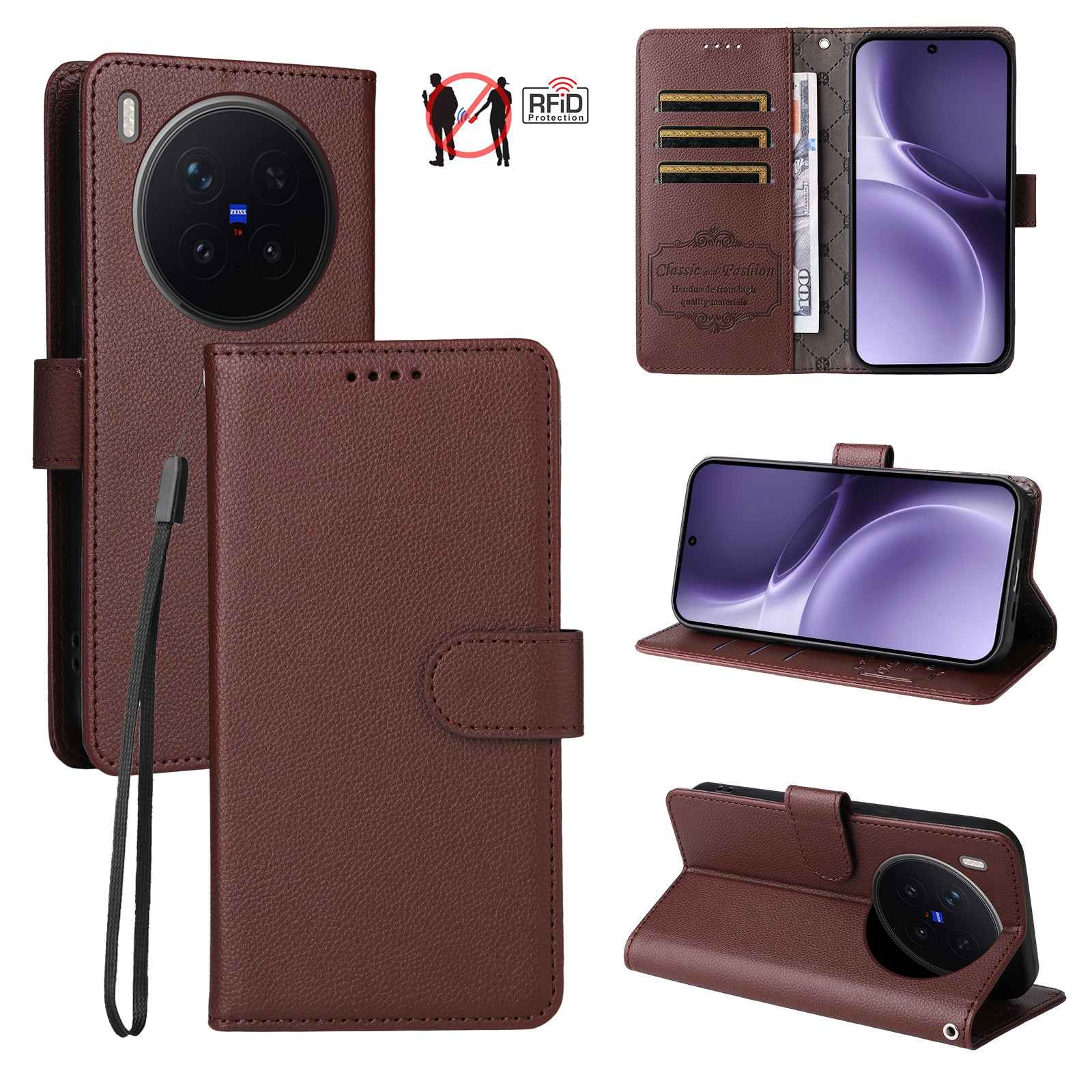 For vivo X300 Pro 5G Case RFID Blocking 3 Card Slots PU Leather Phone Cover with Wrist Strap - Brown