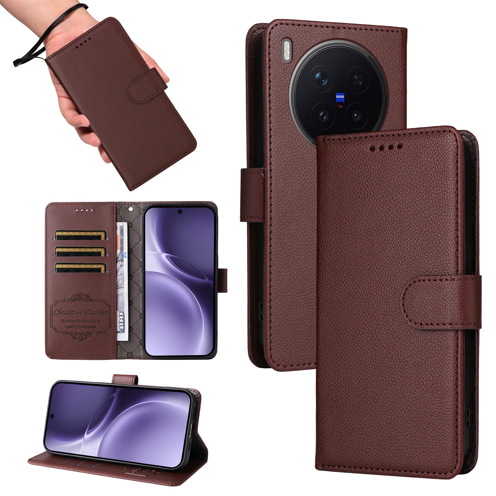 For vivo X300 Pro 5G Case RFID Blocking 3 Card Slots PU Leather Phone Cover with Wrist Strap - Brown