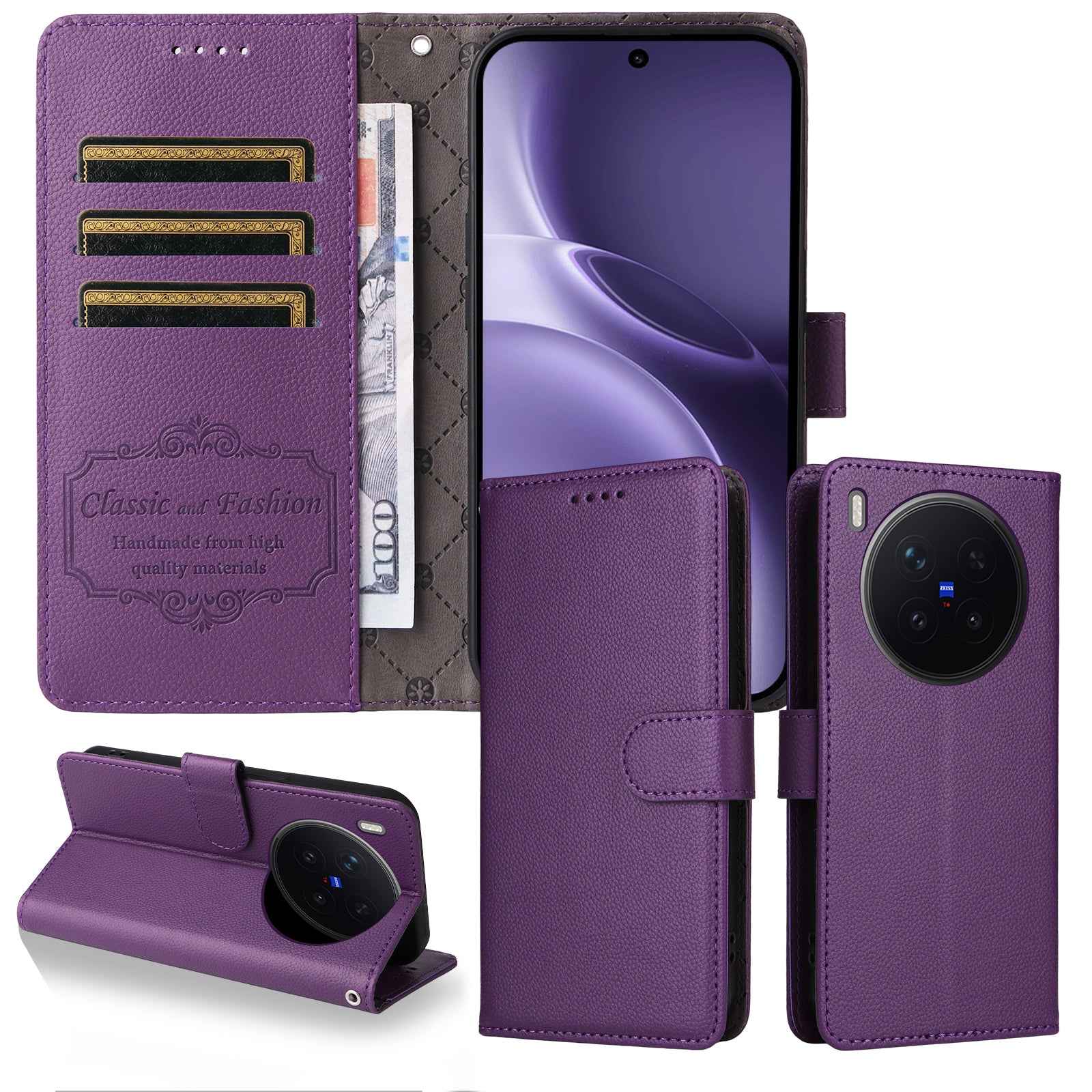 For vivo X300 Pro 5G Case RFID Blocking 3 Card Slots PU Leather Phone Cover with Wrist Strap - Purple