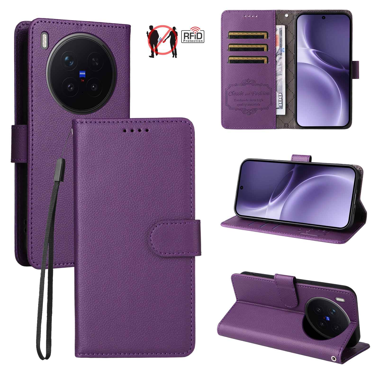 For vivo X300 Pro 5G Case RFID Blocking 3 Card Slots PU Leather Phone Cover with Wrist Strap - Purple
