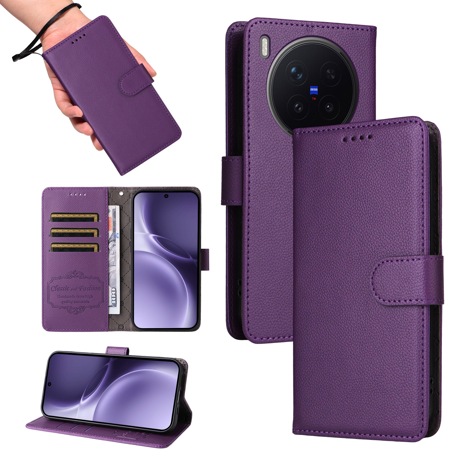 For vivo X300 Pro 5G Case RFID Blocking 3 Card Slots PU Leather Phone Cover with Wrist Strap - Purple