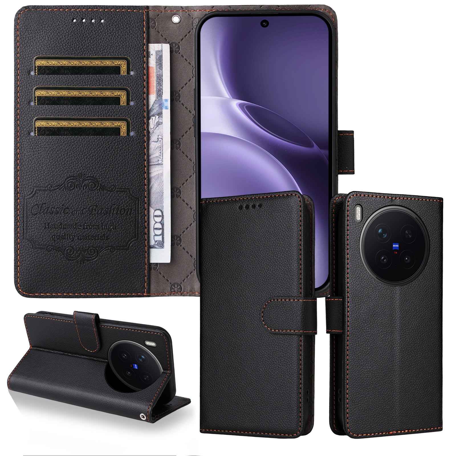 For vivo X300 Pro 5G Case RFID Blocking 3 Card Slots PU Leather Phone Cover with Wrist Strap - Black