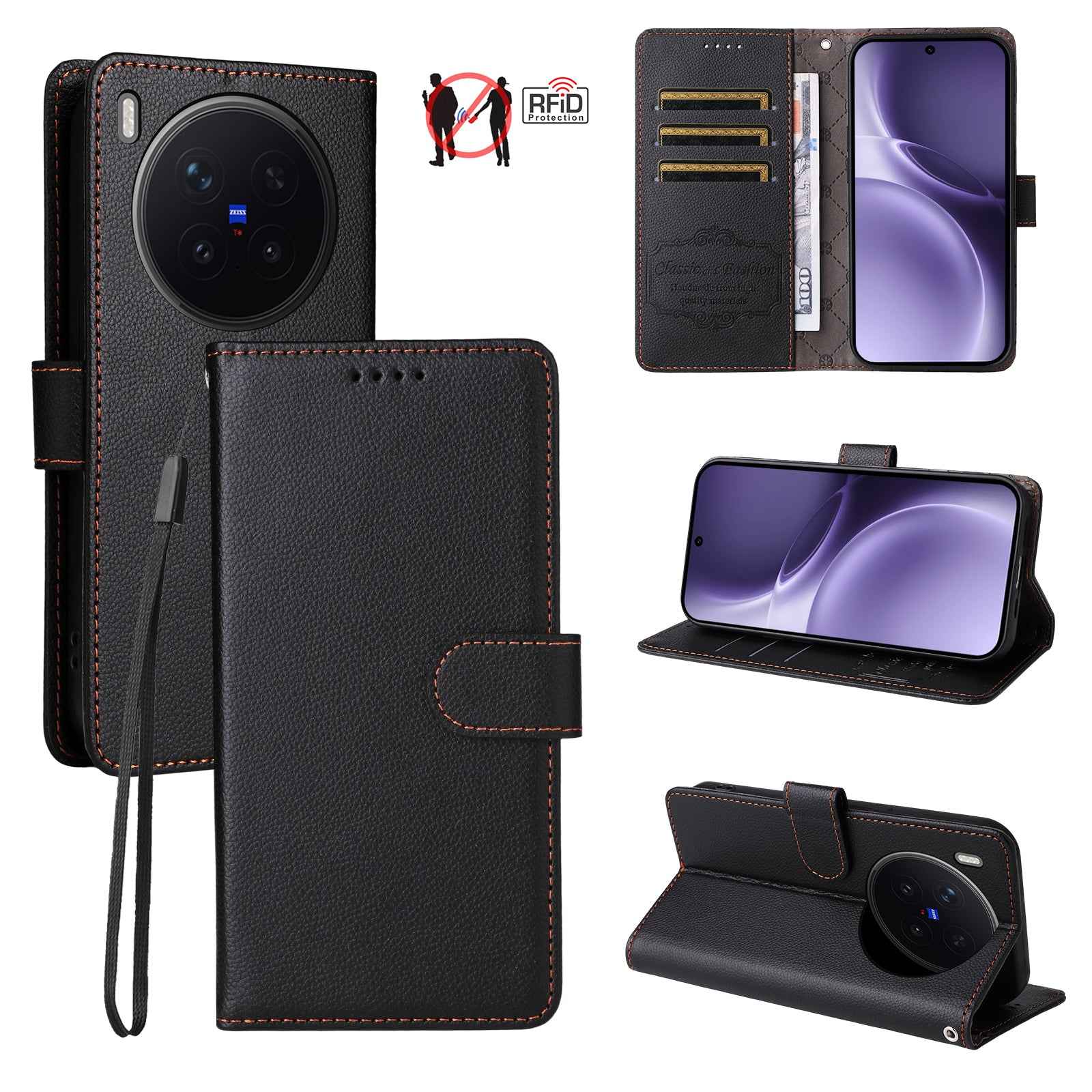 For vivo X300 Pro 5G Case RFID Blocking 3 Card Slots PU Leather Phone Cover with Wrist Strap - Black