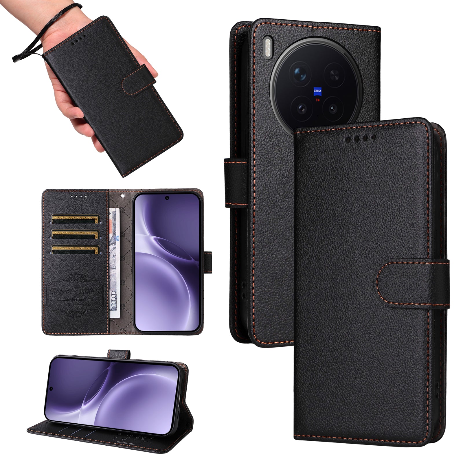 For vivo X300 Pro 5G Case RFID Blocking 3 Card Slots PU Leather Phone Cover with Wrist Strap - Black